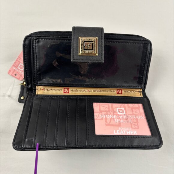 Stone Mountain Black Bonded Leather Wallet Checkbook Bifold Zip Around - Picture 4 of 11